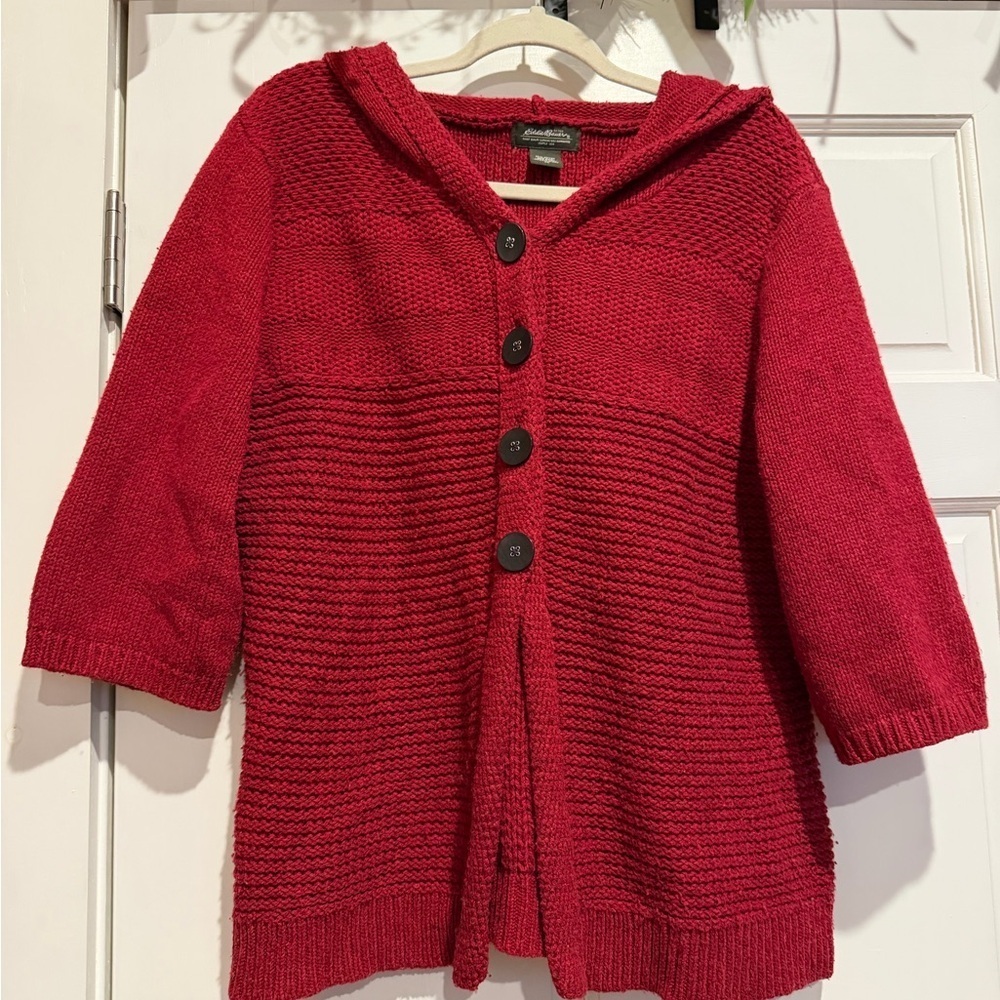 Eddie Bauer Red SweaterCardigan with 3/4 Sleeves and Hood